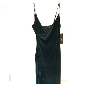 Emerald green floor length velvet dress w/slit